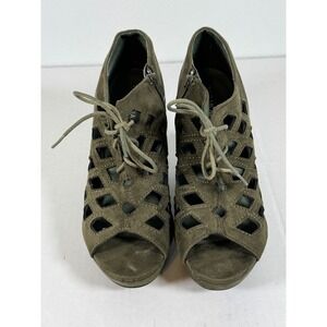 Top Moda Olive Green Suede‎ Peep Toe Lace Up Wedge Heels Size 11